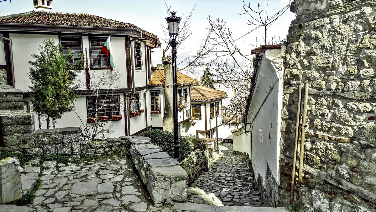 Cobblestone street in the city of Plovdiv